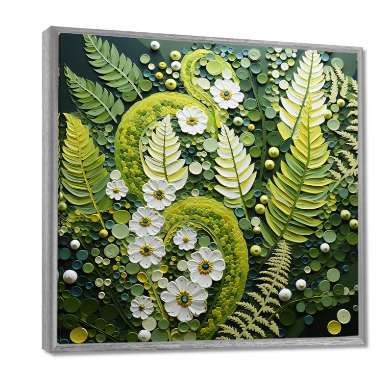 Fougères vert clair plante fantaisiste spirales I - fougères, art mural, H 36 po x l 36 po, Cadre argenté flottant
