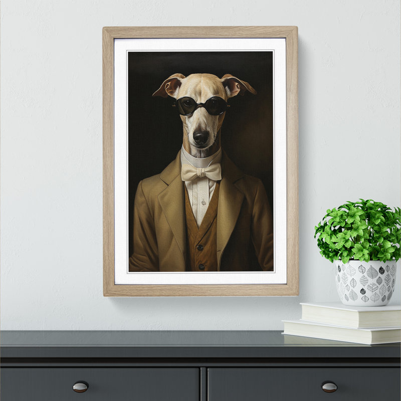 Whippet Classicism - Single Picture Frame Print on Wood, 34cm H x 25cm W x 2cm D, Oak