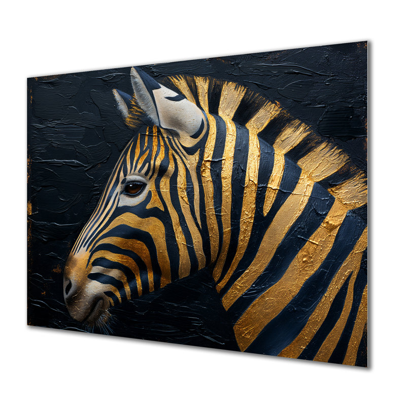 Portrait de zèbre noir et doré sur fond noir - décoration murale animal zèbre, Métal métal, 16" H x 32" W
