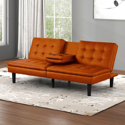 Orange Contemporary Futon Bed With Biscuit - Seat And Back, Ports, Drop Down Table Changing Flexibility, 71.5"w X 35.5"d 32"h Style Tufting On Back Cu
