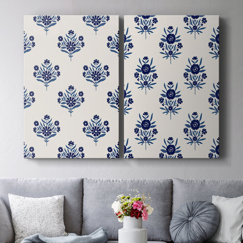 Toile tendue avec motif de fleurs indigo I-Premium - prêt à accrocher, H 60 po x l 80 po
