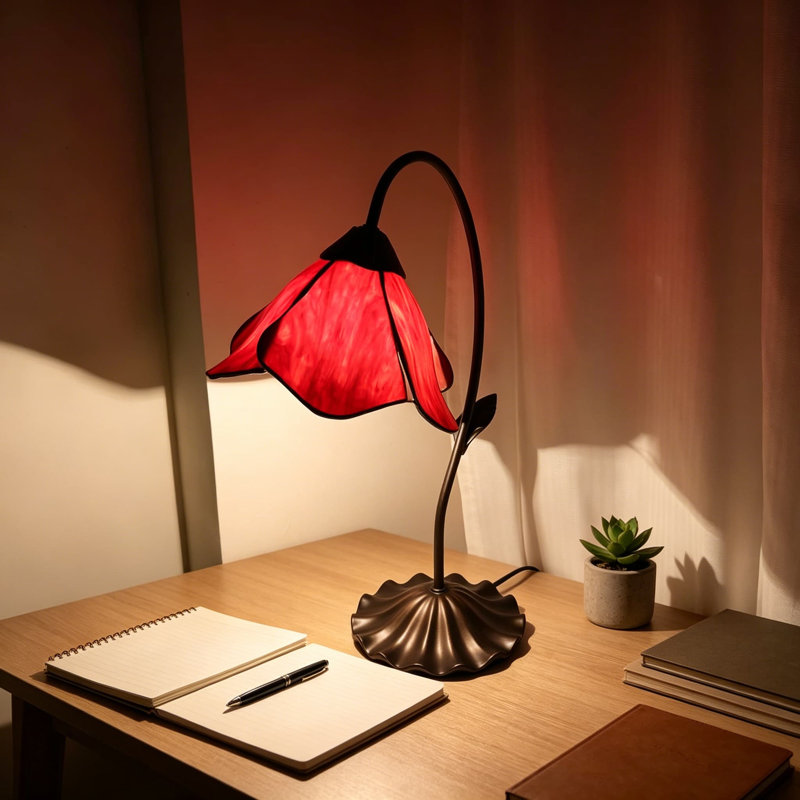 Lampe de table en vitrail de style Tiffany avec abat-jour fleur fabriqué à la main et base en nénuphar, éclairage décoratif fabriqué artisanalement