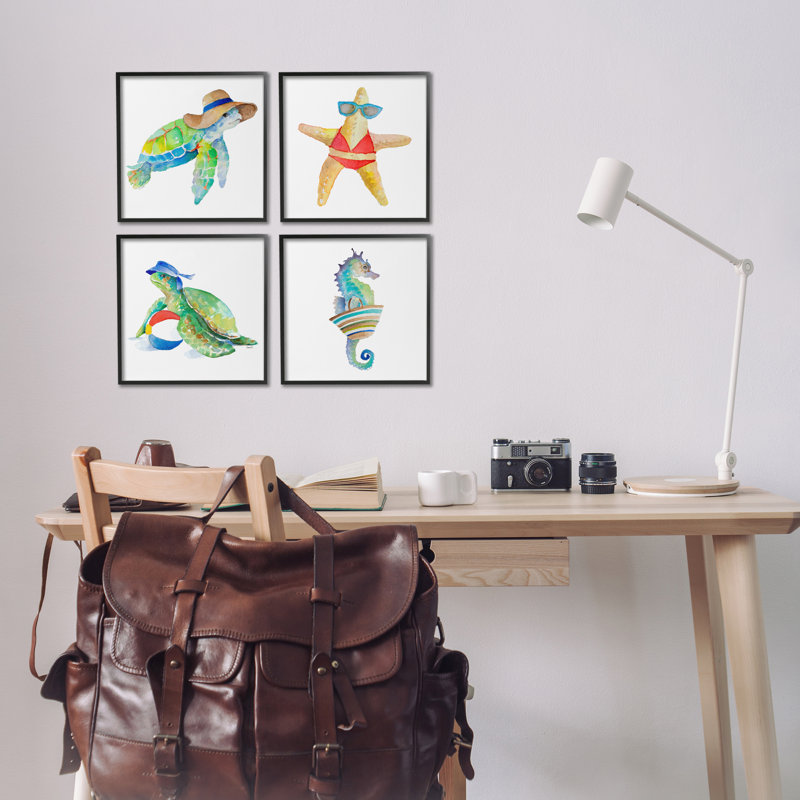 «Summer Beach Creatures», ensemble de 4 giclées par Lanie Loreth, H 12 po x l 12 po, Giclée encadrée noir minuit