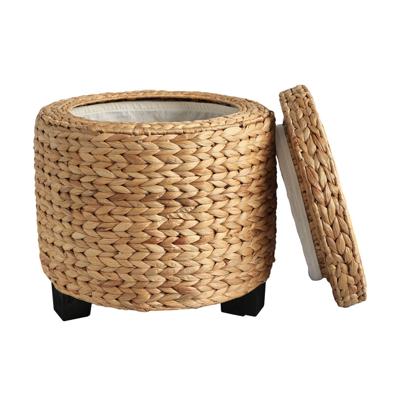 Addie 17.72" Modern Coastal Handwoven Water Hyacinth Storage Ottoman with Lid, Natural
