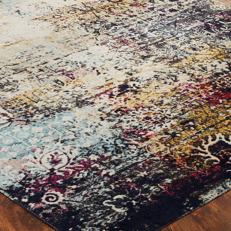 Abstract Area Rug in Ivory/Blue/Gold, Rectangle 7'9" x 9'9"