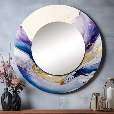 Philis bleu, or et mauve éclaboussures Philis I - miroir spirales abstraites, miroir mural rond bleu