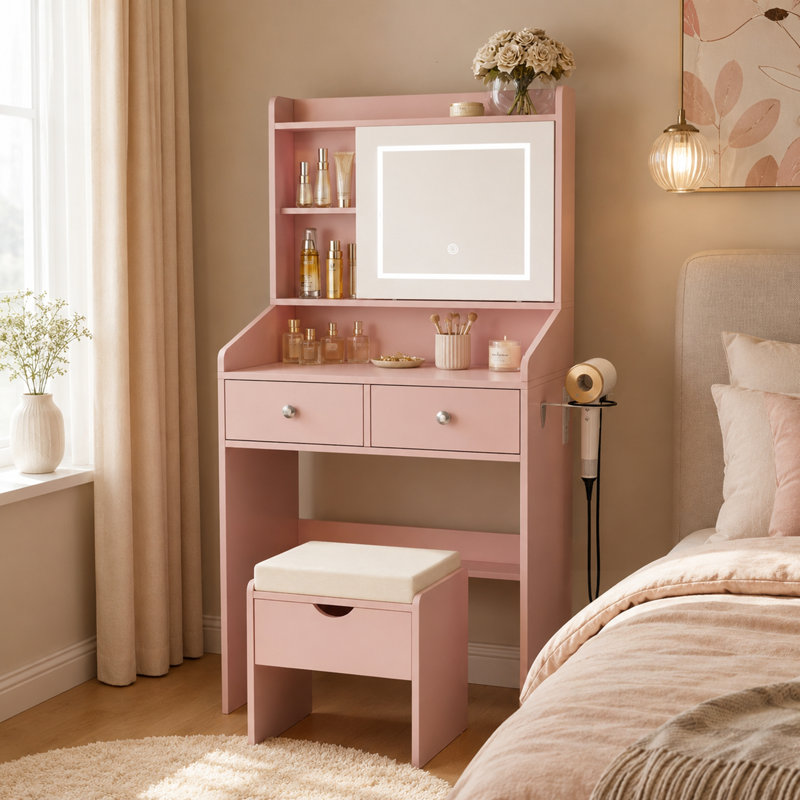Bureau de coiffeuse compact avec miroir coulissant, lumières DEL à intensité variable et 2 tiroirs pour les petites chambres