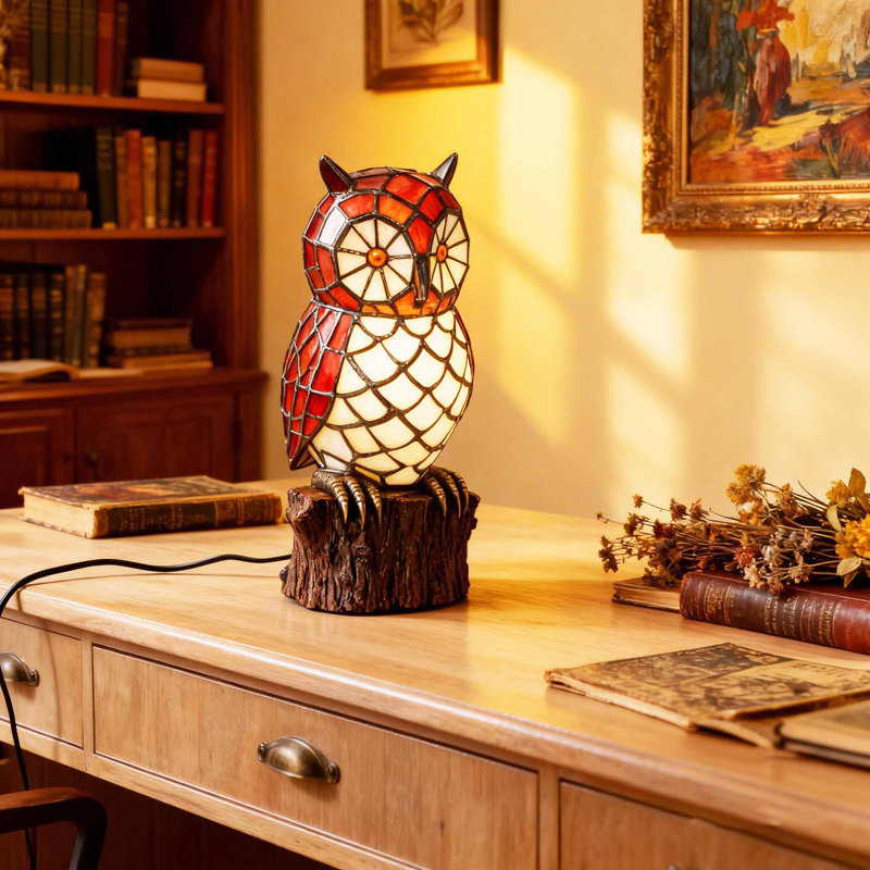 Lampe de table créative en forme de hibou avec base en résine et ampoule
