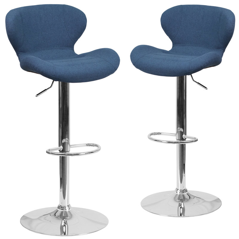 Tabouret de bar contemporain réglable en vinyle avec dossier incurvé et base chromée Nuttall, Polyester bleu