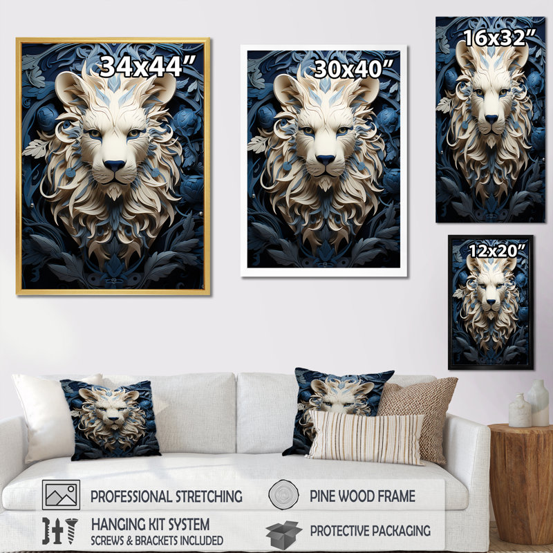 Lions monochromes gardiens encadrés sur toile, H 40 po x l 30 po x P 1,5 po, Cadre doré simple