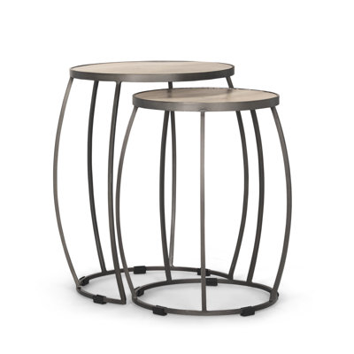 Set of Two Natural and Silver Solid Wood and Iron Round Frame Nested Tables