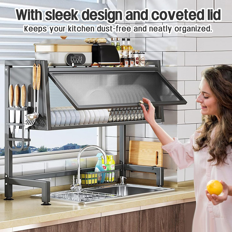 Slate Gray Over-the-Sink Metal Dish Drying Rack with Cover