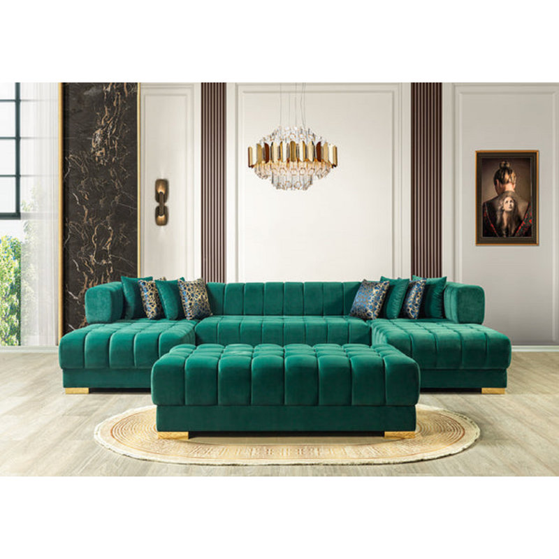 Ariana Velvet Double Chaise Sectional, Green Velvet
