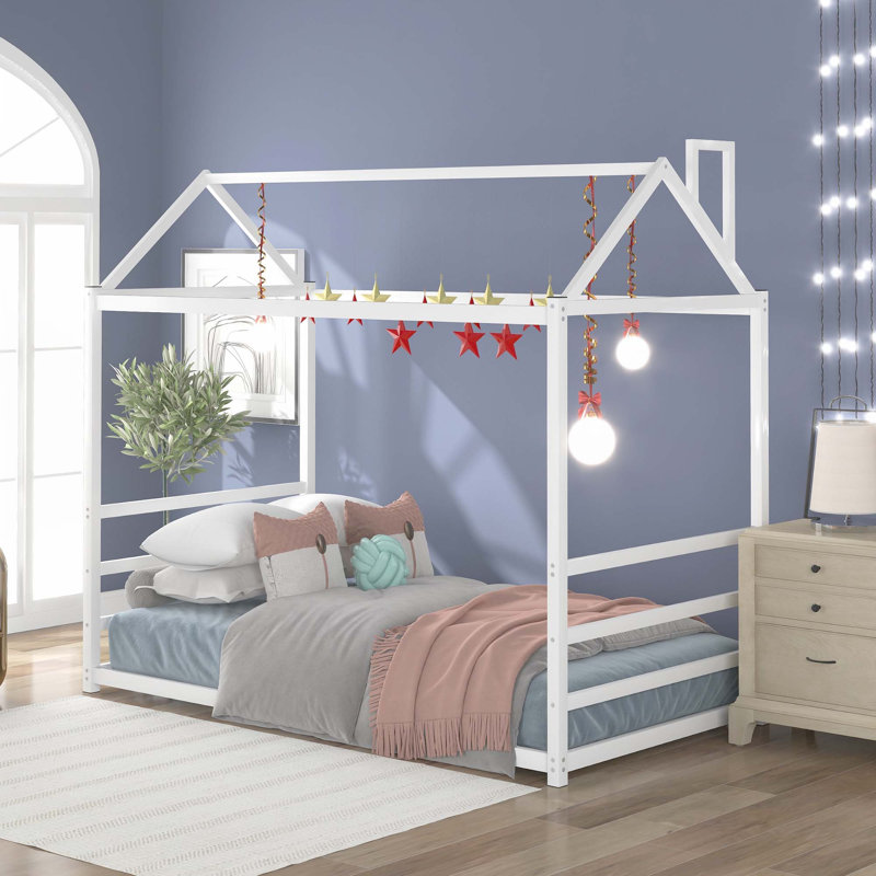 Lit plateforme House avec toit et cheminée, Simple, Blanc
