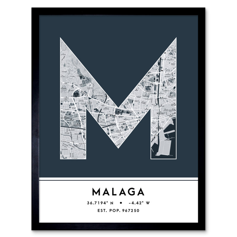 Malaga Spain City Map by Wee Blue Coo - Single Picture Frame Typography