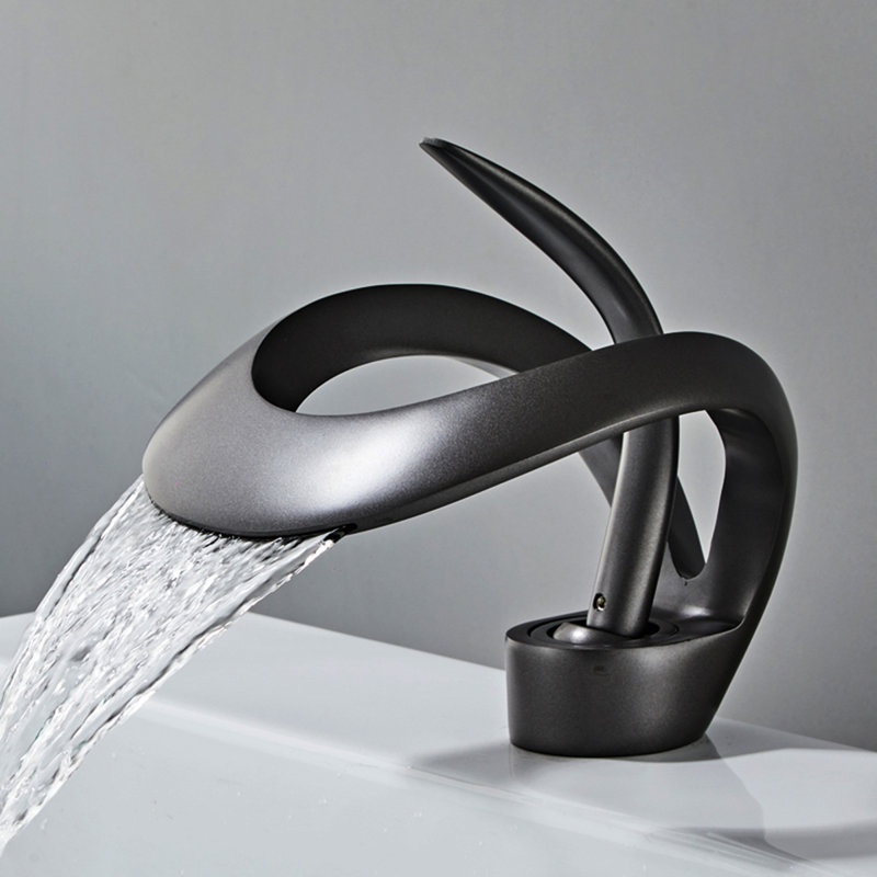 Bathroom Sink Faucet Waterfall Single Lever One Hole Vanity Basin Brass Creative Hollowed Design Tap Waterfall, Matte Black