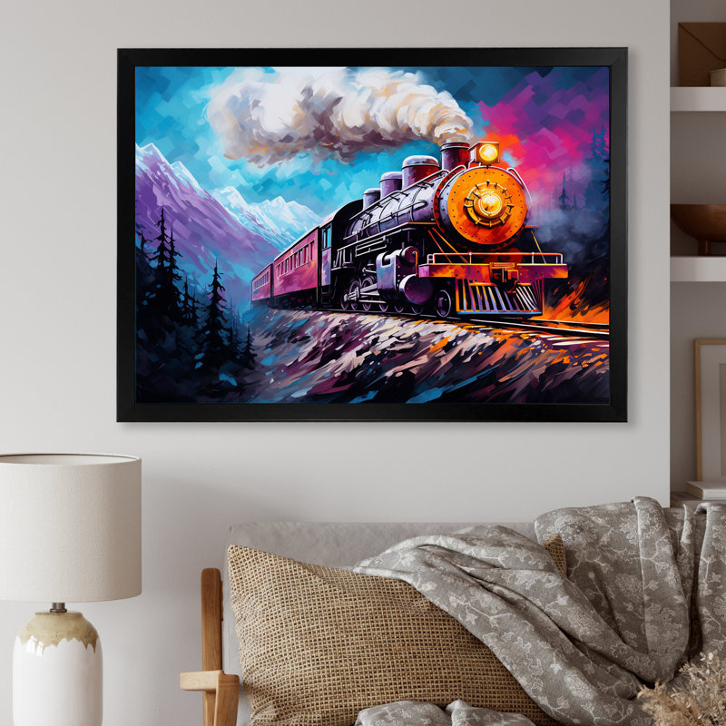 Steamtrain Travelling In Winter Snow, reproduction d'art sur toile, Cadre simple noir, H 12 po x l 20 po x P 1 po