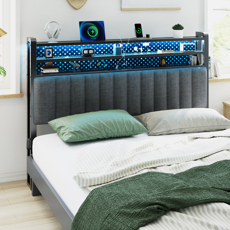 King Size Headboard, Adjustable Upholstered Headboard With 3 Tier Shelves And Pegboard With Charging Stations And LED Lights, Modern Bed Headboard With Storage Linen And Dark Gray