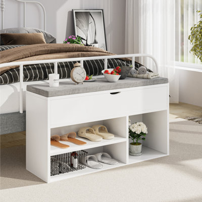 Banc de rangement pour chaussures avec coussin, banc d'entrée à 3 niveaux avec siège rembourré et rangement rabattable, range-chaussures de 39 po pour vestibule, couloir, salon, chambre à coucher, blanc