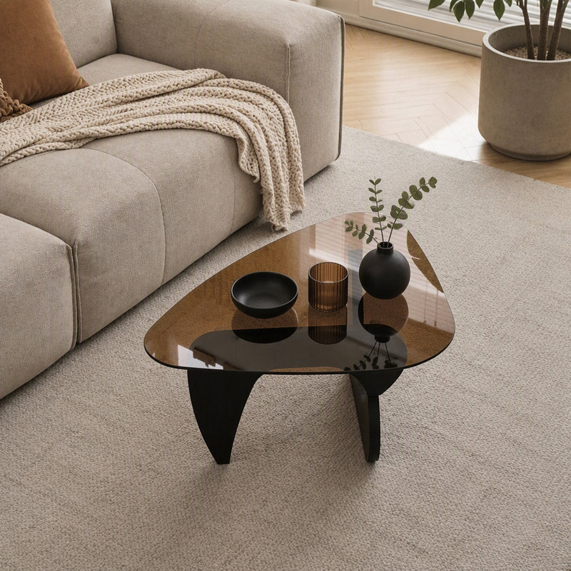 Table basse en verre avec base en bois, plateau de table en verre trempé de style Mid-Century moderne, facile à assembler