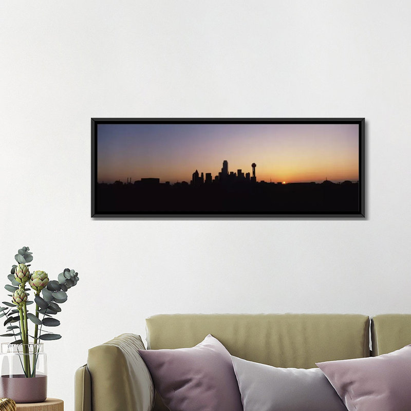 Horizon panoramique, reproduction de photo sur toile tendue, "panoramique du soleil de dallas, texas", Cadre noir