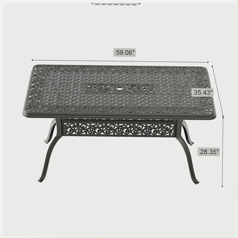 L 59,05 po x l 35,43 po, table de salle à manger en aluminium coulé avec structure noire et trou pour parasol
