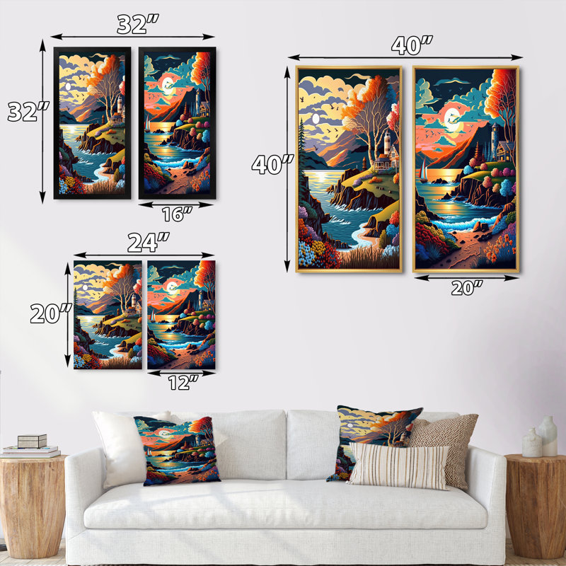 «Modern Sunset In Vector Style», 2 pièces sur toile, H 32 po x l 32 po, Encadrement doré