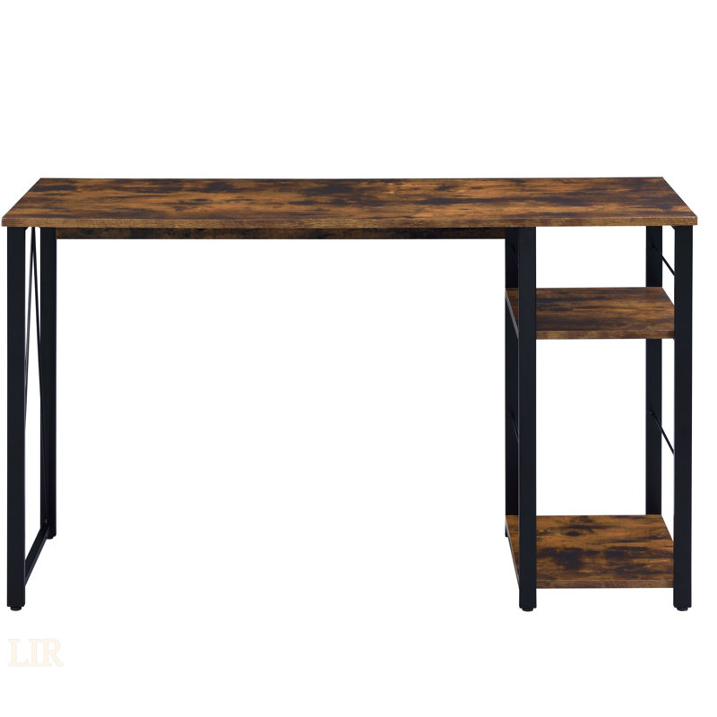 Vadna Weathered Oak & Black Finish Writing Desk With 2 Tier Shelf For Modern Home Office, Oak