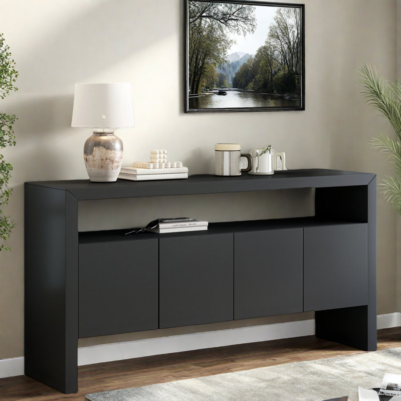 Console moderne à 4 portes avec tablette ouverte et grain de bois naturel, Noir
