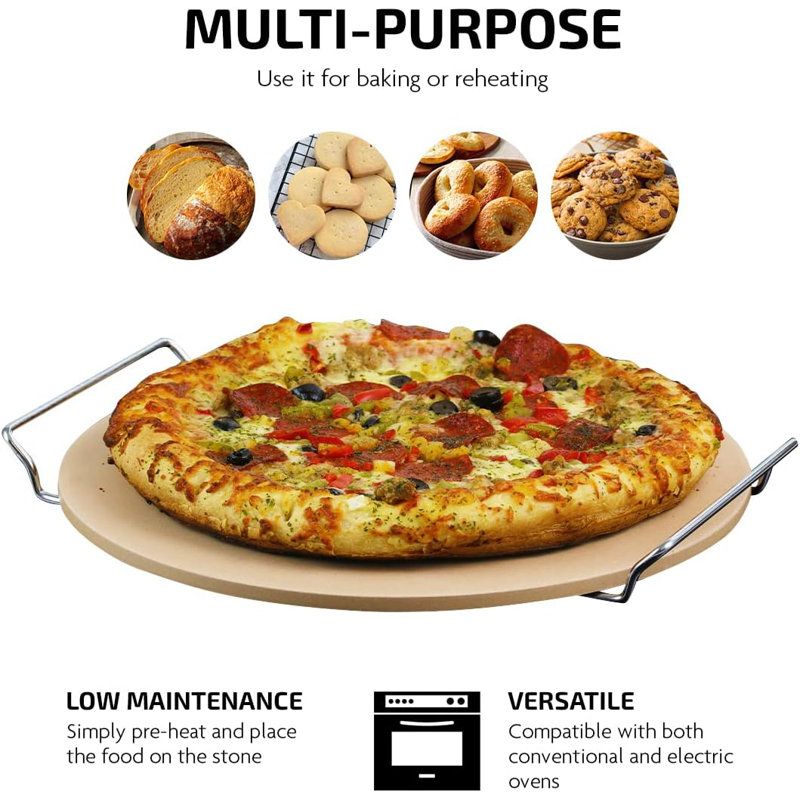 Beige Ceramic 13 Inch Pizza Stone Set with Cutter and Rack