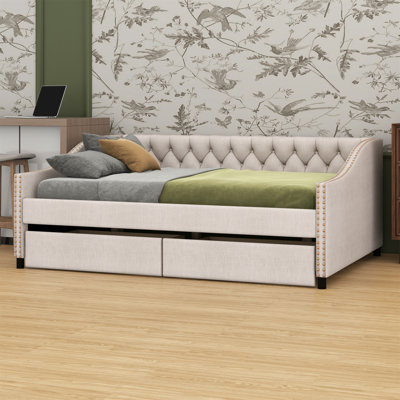 Upholstered Daybed With Two Drawers,Wood Slat Support by Lark Manor