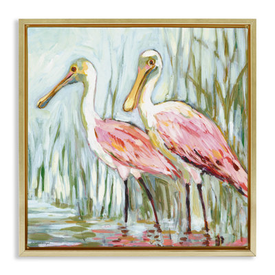 «Spoonbill Birds pair», art mural encadré flottant par Susan Winget