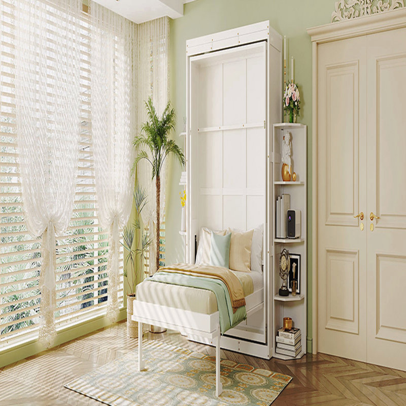 Lit escamotable double rotatif avec armoire murale cachée, deux tablettes latérales à 3 niveaux, bureau convertible, supports de rangement supplémentaires, lit mural multifonctionnel peu encombrant pour le bureau à domicile et les petites pièces, blanc