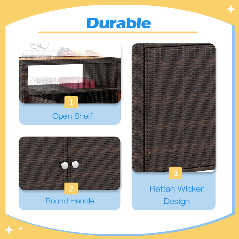 Armoire de rangement extérieure avec plateau en bois d'acacia, deux portes, tablette, table de bar en osier pour le rangement des serviettes de piscine