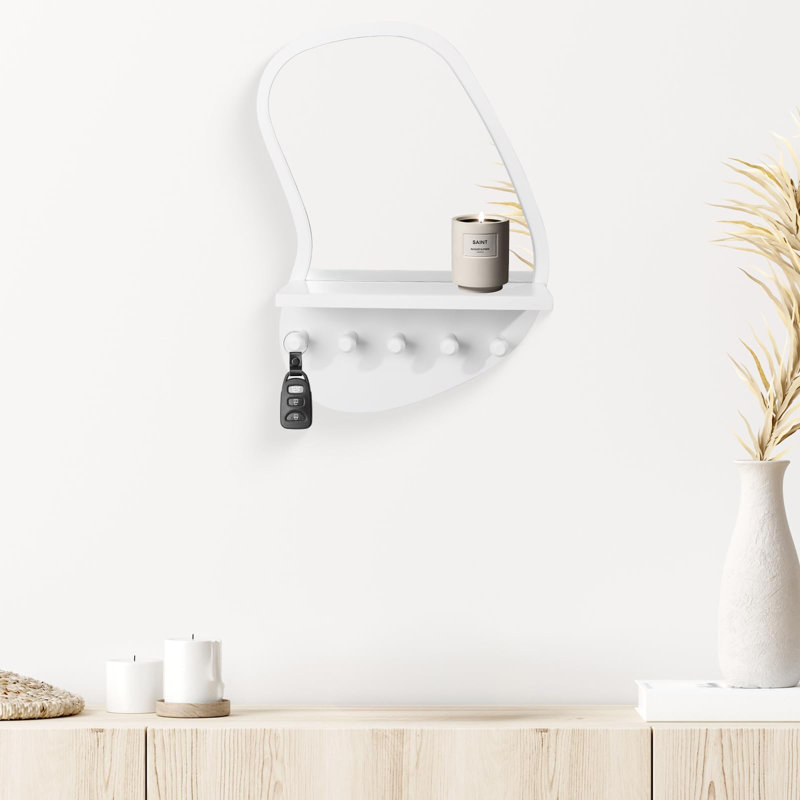 Miroir mural irrégulier à cadre en bois avec 5 crochets et tablettes en bois