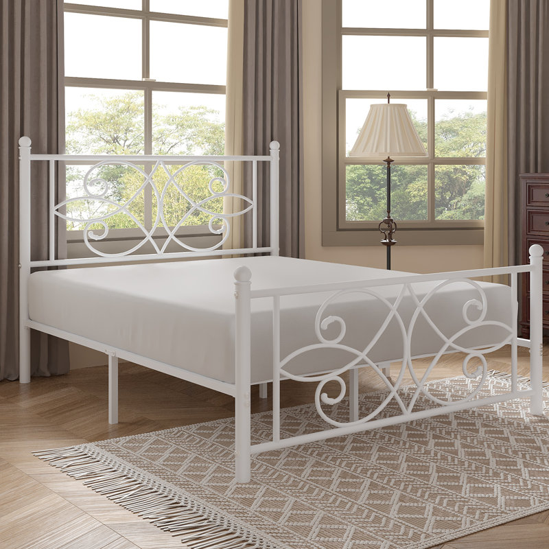 White Full Size Metal Bed Frame with Headboard and Footboard, Victorian Butterfly Platform Bedframes, Heavy Duty Platform Storage Bed, Noise-Free Slatted Base