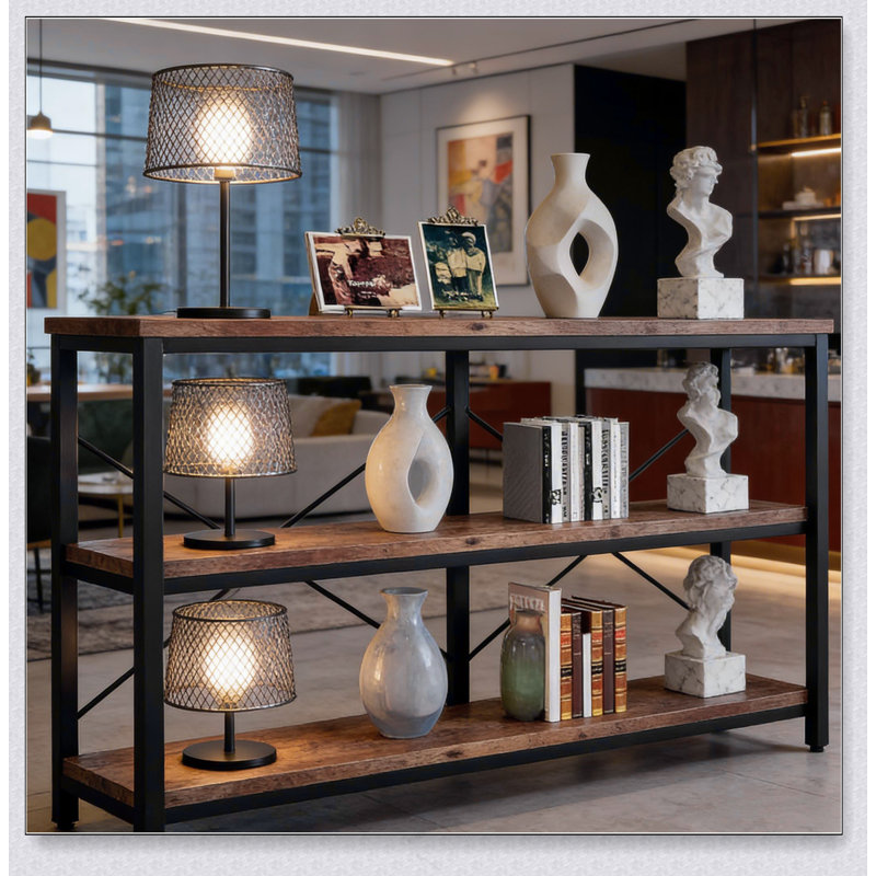 Console, étagère de rangement à 3 niveaux, canapé, Noir / brun rustique