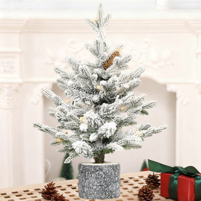 2ft Flocked Christmas Tree with Planter Base, 30 Warm White LED Lights, Small Pre-Lit Holiday Christmas Tree with 3 Pinecones