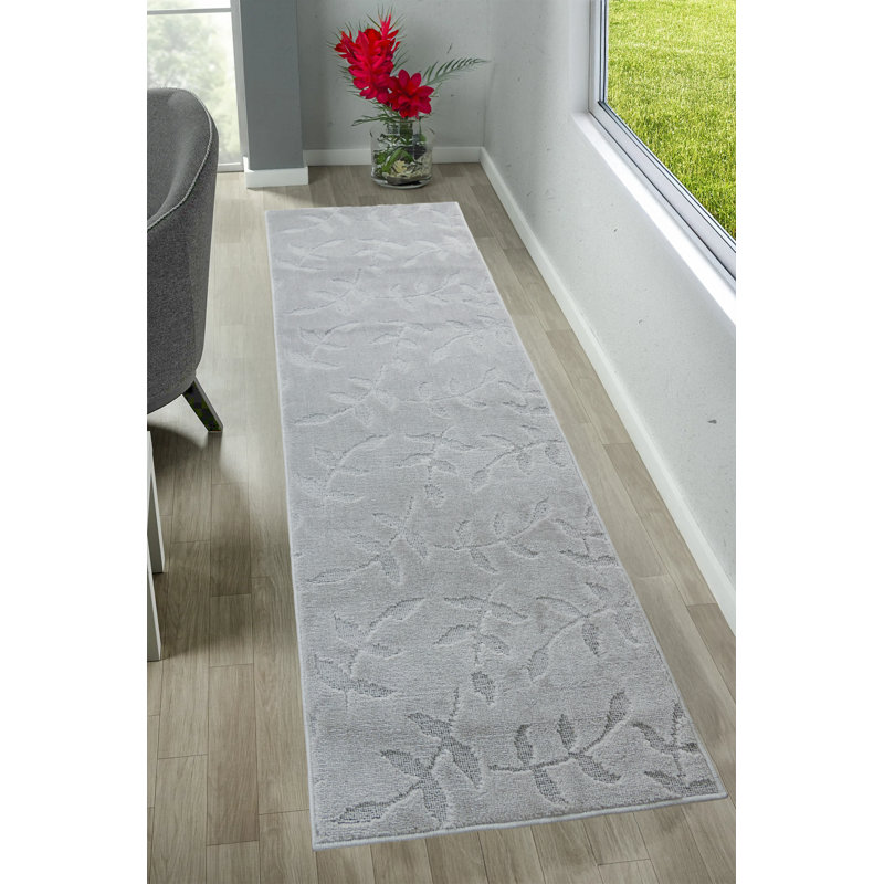 Antibacterial Soft Pile Anti Slip Smoke White Leaves Rug, Runner 2'2" x 40'