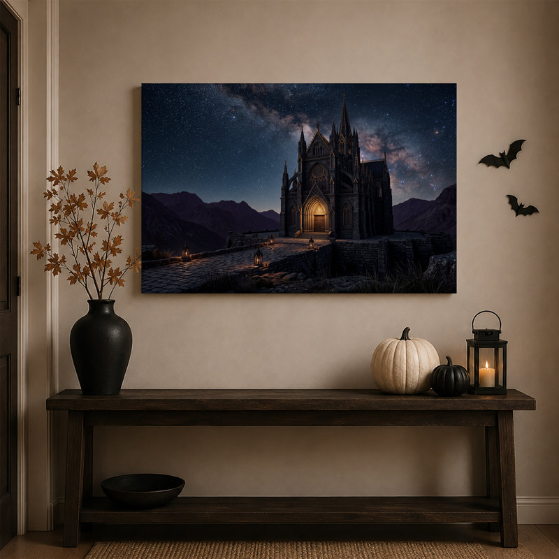 Cathédrale de pierre illuminée sous un ciel étoilé - Toile murale d'Halloween, 24"H x 36"W