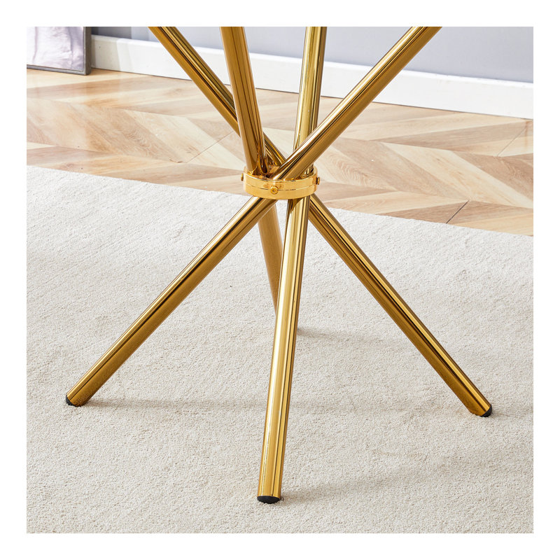 Ensemble de salle à manger 4 pièces avec table ronde en verre trempé de 36,6 po et chaises blanc-doré - Style moderne et luxueux pour le salon et la cuisine. Convient à divers styles de décoration intérieure.