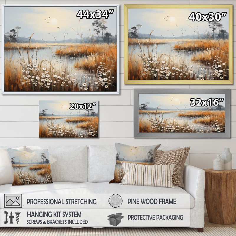 Meadow Atmospheric Horizon Pointillism I - Landscapes Canvas Art Print, H 30 po x l 40 po, Encadrement doré