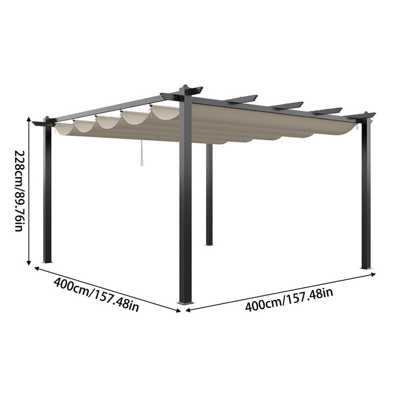 13ft Aluminium Pergola with Retractable Roof, 228 cm x 400 cm x 400 cm, Grey