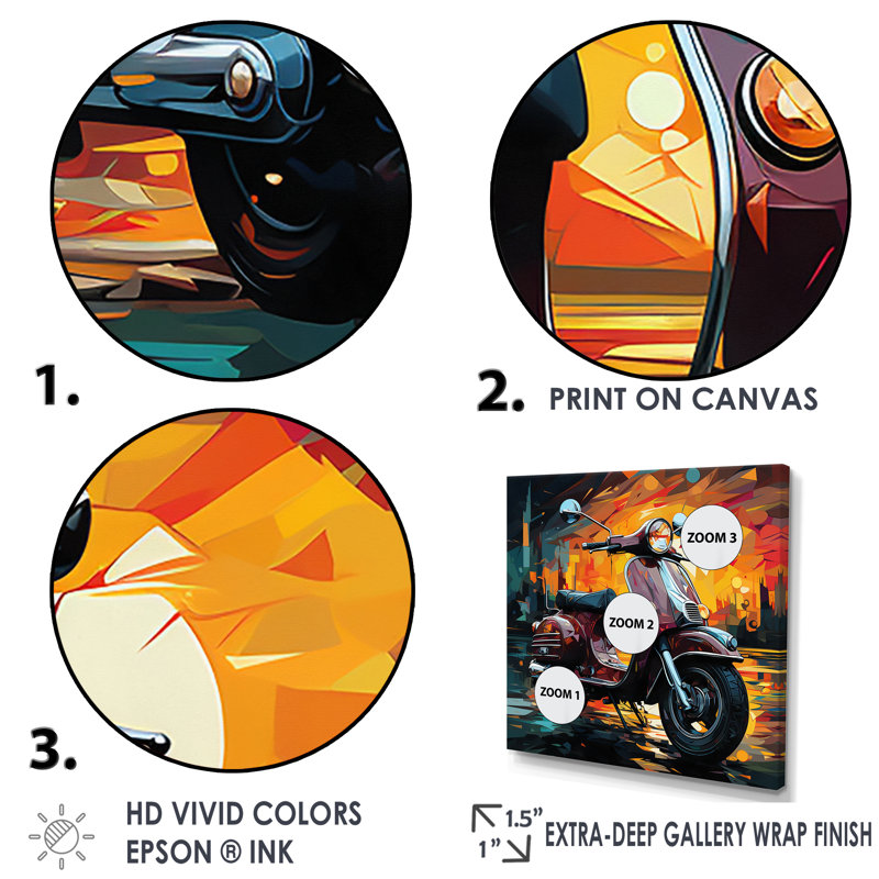 Pop Art Scooter Commute II sur impression sur toile, Cadre simple noir, H 36 po x l 36 po x P 1,5 po