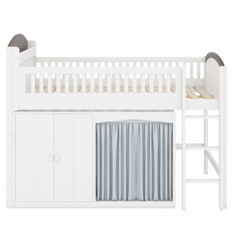 Élégant lit mezzanine avec grand meuble de rangement, garde-robe et DEL, Blanc + Espresso