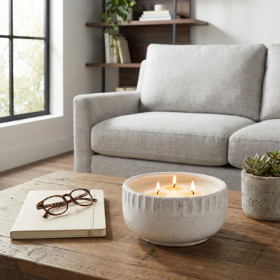 Decorative Ginger Lemon Scented Candle For Coffee Table - Modern Distress Ceramic Accent For Living Room, Bookshelf, Or Bedroom - 5", White & Ivory