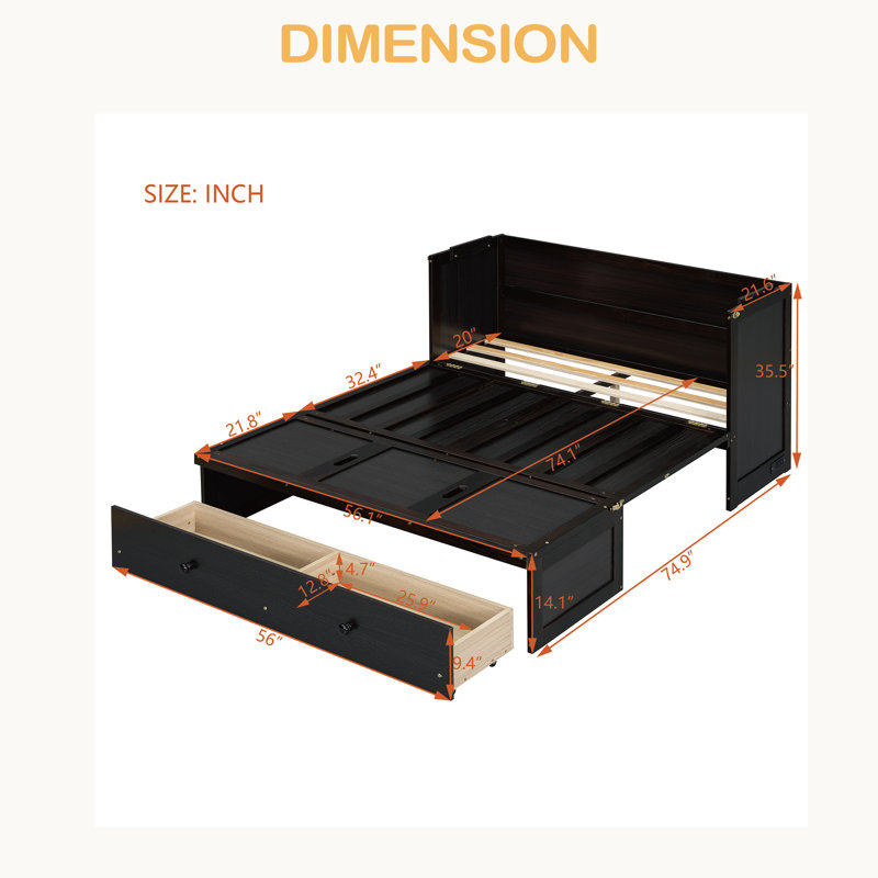 Lit escamotable avec port USB et grand tiroir, Noir, Lit double