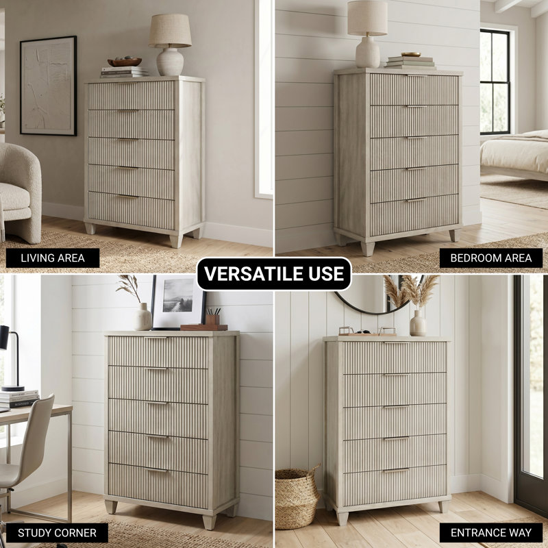 Baidy 45.7" H Solid Wood 5 Drawer Chest Mid-Century Modern, Anti White
