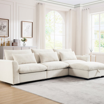 Canapé modulaire en velours côtelé beige avec rangement et 3 coussins décoratifs pour la maison