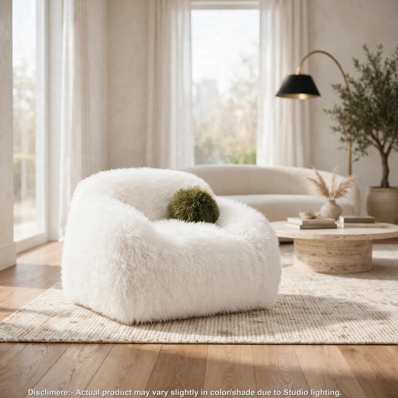 Dera Swivel Accent Chair with Green Ball Pillow Set, White Faux Fur